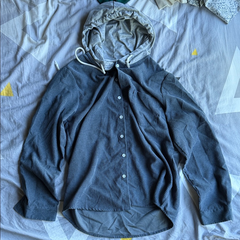 Blue Hooded Button-Up Jacket